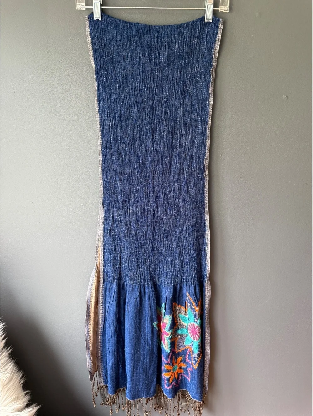 Bohemian Style Two-Tone Scarf/shawl with Floral Embroidery and Fringe